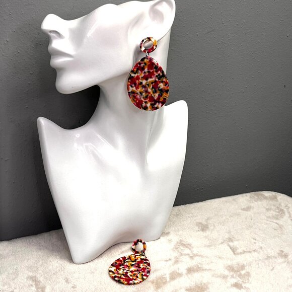 Chunky Confetti Acrylic Granite Earrings Large Dangle Teardrop Pink Yellow - Picture 2 of 6